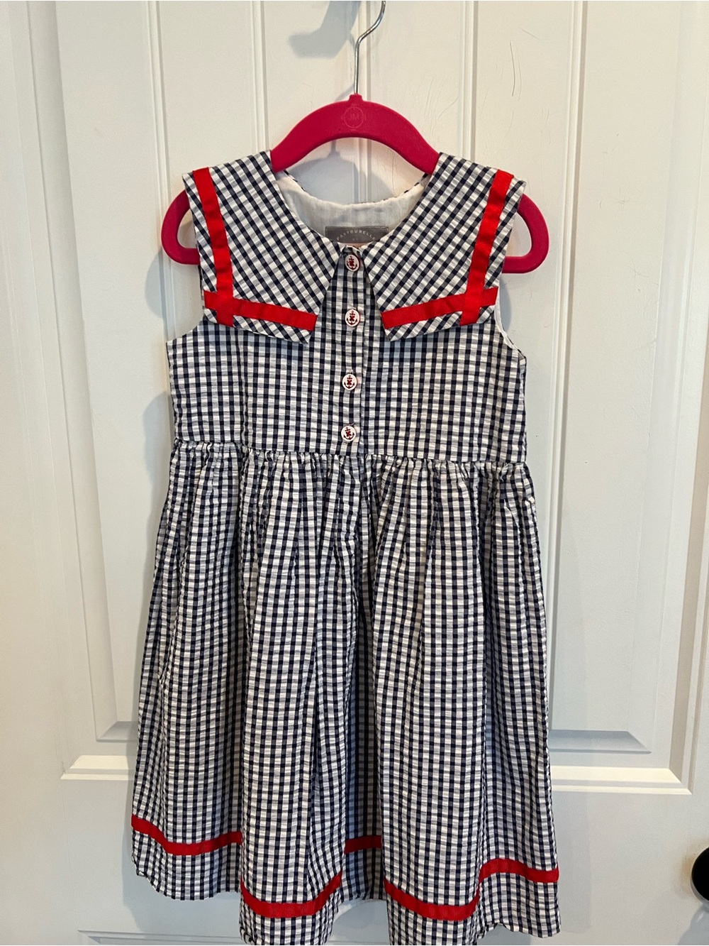 Pastourelle Navy and White Gingham Dress with Red Trim